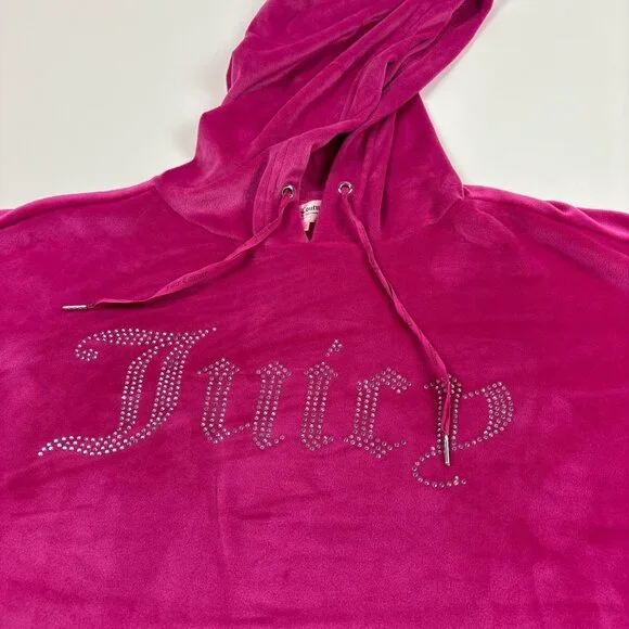 Juicy Couture Pink Velour Hoodie Womens M Cropped Rhinestone Y2K Sleepware - Picture 2 of 7